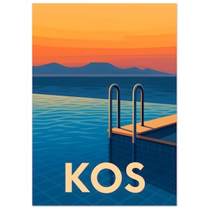 Vintage Kos Greece Travel Poster Print | Bohemian Poolside Wall Art | Retro Greek Island Decor | Sunset Illustration | Unframed Print
