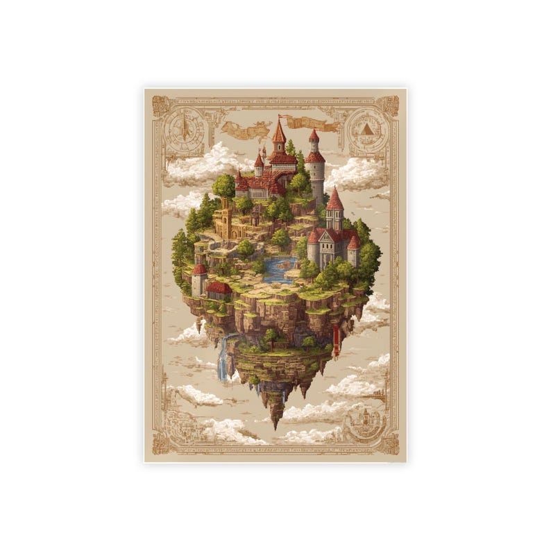 Fantasy Floating Island Map Poster | Pixel RPG Wall Art Retro Gamer ...