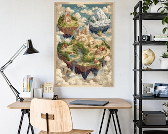 Fantasy Game Map Poster, Floating Island Wall Art, Pixel Adventure Decor for Gamers