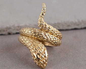 Gold Snake Wrap Ring, Serpent Statement Ring, Adjustable Snake Ring, Gothic Boho Jewelry, Animal Ring, Gold Coiled Snake Ring Gift for Her