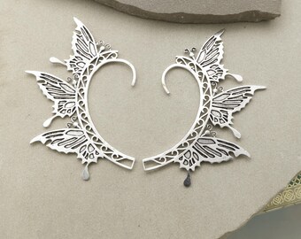 Butterfly Wing Ear Cuffs, Tribal Fairy Earrings, Silver Wing Ear Wraps, Boho Festival Jewelry, Statement Nature Earrings Handmade