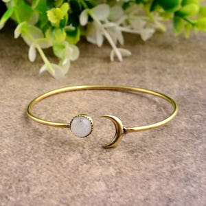 Moonstone Moon Cuff Bracelet, Celestial Brass Bangle, Adjustable Moon and Stone Bracelet, Boho Spiritual Jewelry, Gift for Her