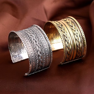 Engraved Silver & Gold Cuff Bracelets | Vintage Boho Statement Bangle | Adjustable Wide Arm Cuffs | Handmade Jewelry Gift for Her