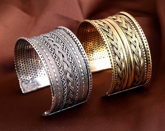 Engraved Silver & Gold Cuff Bracelets | Vintage Boho Statement Bangle | Adjustable Wide Arm Cuffs | Handmade Jewelry Gift for Her
