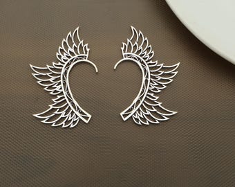 Angel Wing Hoop Earrings in Silver | Tribal Wing Earrings | Boho Statement Jewelry | Festival Wear | Handmade Lightweight Earrings
