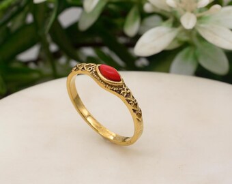 Red Birthstone Ring, Gold Plated Brass Vintage Ring, Dainty Oval Red Stone Band, Handmade Boho Jewelry Gift, Antique Style Women’s Ring