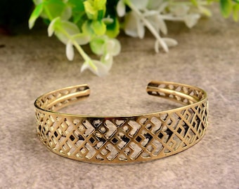 Geometric Brass Cuff Bracelet, Handmade Cut Out Cuff, Boho Tribal Bracelet for Women, Wide Brass Bangle, Statement Jewelry Gift