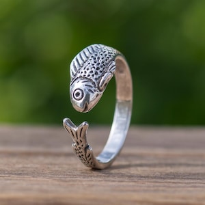 Handmade Sterling Silver Fish Ring  Adjustable Wrap Ocean Jewelry | Unique Animal Ring for Women & Men | Nautical Sea Life Gift