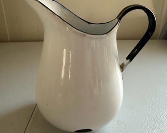 Vintage 6" White & Black Accent Enamelware Pitcher Rustic Farmhouse Home Decor