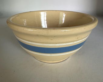 Vintage Watt Pottery #7 Yellow Ware Mixing Bowl- Blue & White Banded Ovenware