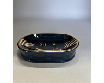 Vintage Springmaid Cosmos Soap Dish Navy & Gold Celestial Ceramic Whimsigoth
