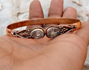 100 % Solid Copper Bangle, Crystal Gemstone, Handmade Jewelry, Adjustable, Hand-Textured Copper, Anniversary Gift