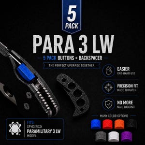 May include: A black and silver knife with a blue button and a black backspacer. The text reads "PARA 3 LW" and "5 PACK BUTTONS + BACKSPACER". The image also shows color options for the buttons.
