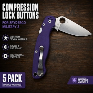 May include: A purple folding knife with a silver pocket clip and a partially open blade. Text on the image reads: COMPRESSION LOCK BUTTONS FOR SPYDERCO MILITARY 2, MADE FROM PREMIUM MATERIALS, DURABLE & BUILT TO LAST, EASY TO INSTALL PERFECT FIT, 5 PACK, DESIGNED FOR SPYDERCO MILITARY 2.