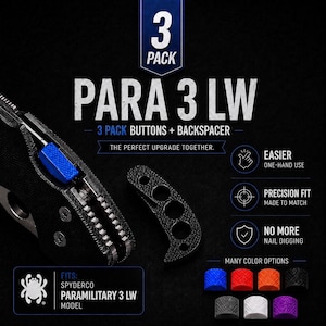 以下が含まれることがあります： 黒い背景に、Para 3 LWボタンとバックスペーサーの3パックが表示されています。画像には、青いボタン、黒いバックスペーサー、および色のオプションを備えた部分的に分解されたナイフが含まれています。「片手で簡単に使用できます」と書かれています。