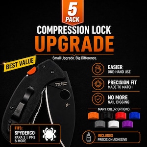 May include: Black folding knife with an orange accent, featuring the text "COMPRESSION LOCK UPGRADE" and "BEST VALUE." The image highlights features like one-hand use and precision fit. Includes a variety of color options and precision adhesive.