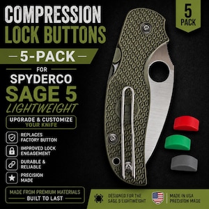 May include: A 5-pack of compression lock buttons for a Spyderco Sage 5 Lightweight knife. The set includes one button installed on an olive green textured knife handle with a silver pocket clip, plus three loose buttons in red, green, and gray.