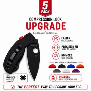 Puede incluir: Una navaja plegable negra con una hoja negra y detalles en rojo. La imagen incluye el texto "COMPRESSION LOCK UPGRADE" y "EASIER ONE-HAND USE". La navaja está diseñada para los modelos Spyderco Bodacious & Shaman.