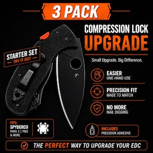 May include: Black folding knife with an open blade, featuring a black handle and a silver pocket clip. The image includes text that reads "3 Pack", "Compression Lock Upgrade", and "Easier One-Hand Use". The knife is designed to fit Spyderco Para 3 and PM2 models.