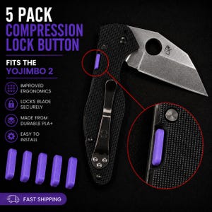 May include: A 5-pack of purple compression lock buttons for a Yojimbo 2 knife. The set includes five rectangular purple buttons and one button installed on a black textured knife handle with a silver pocket clip and a partially open blade.