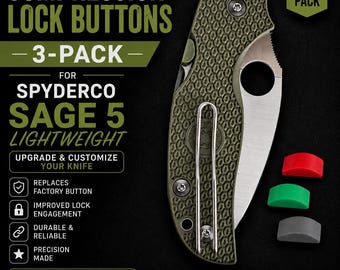 May include: A 3-pack of compression lock buttons for a Spyderco Sage 5 Lightweight knife. The set includes one red, one green, and one gray button, shown alongside a folded olive green pocket knife with a silver wire pocket clip.
