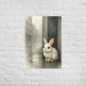 Sad Bunny Poster // Alone in the Rain // Emotional Animal Print // Rainy Wall Art for Bedroom or Studio