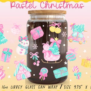 Pastel Christmas Glass Can Wrap PNG | Coquette Pink Mint Christmas Cup Wrap 16oz Libbey UV DTF Wrap | Cute Girly Holiday Sublimation.