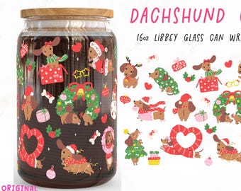 Kerstglas blik teckel: worsthond 16oz Libbey-ontwerp (digitaal png-bestand)