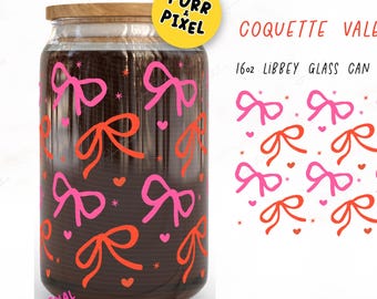 Retro Bow Valentine Glass Can Wrap: 16oz Libbey UV DTF Wrap Printable (PNG File)