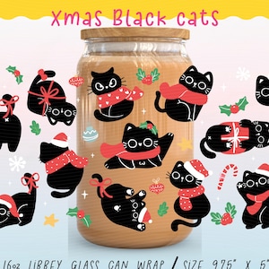 Cute Christmas Black Cat Glass Can Wrap PNG Black cat lover Cup Wrap 16oz Libbey UV DTF Tumbler Design for Gift Cat mom.
