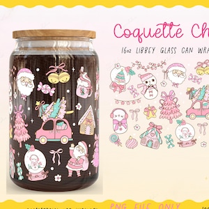 Pastel Christmas Can Wrap PNG: Coquette Pink & Mint Libbey 16oz UV DTF Printable Design