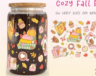 Fall Bookish Libbey Glass Can Wrap, Cozy Reading Design (PNG)
