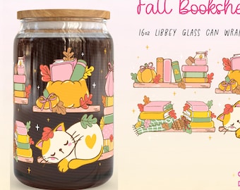 Fall Bookshelf Cat Cozy: 16oz Libbey Can Wrap PNG (UV DTF / Sublimation Design)