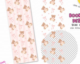 Segnalibro orsetto Coquette PNG: design stampabile UV DTF con fiocco rosa femminile (download digitale)