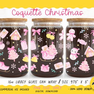 Coquette Christmas Can Wrap PNG: Pink Bow Libbey 16oz UV DTF Sublimation Design
