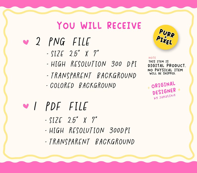 May include: A digital product announcement on a pink background with yellow trim. The text reads "YOU WILL RECEIVE" followed by details about 2 PNG files and 1 PDF file, each 2.5" x 7" in size. A yellow circle with "PURR & PIXEL" is in the upper right.