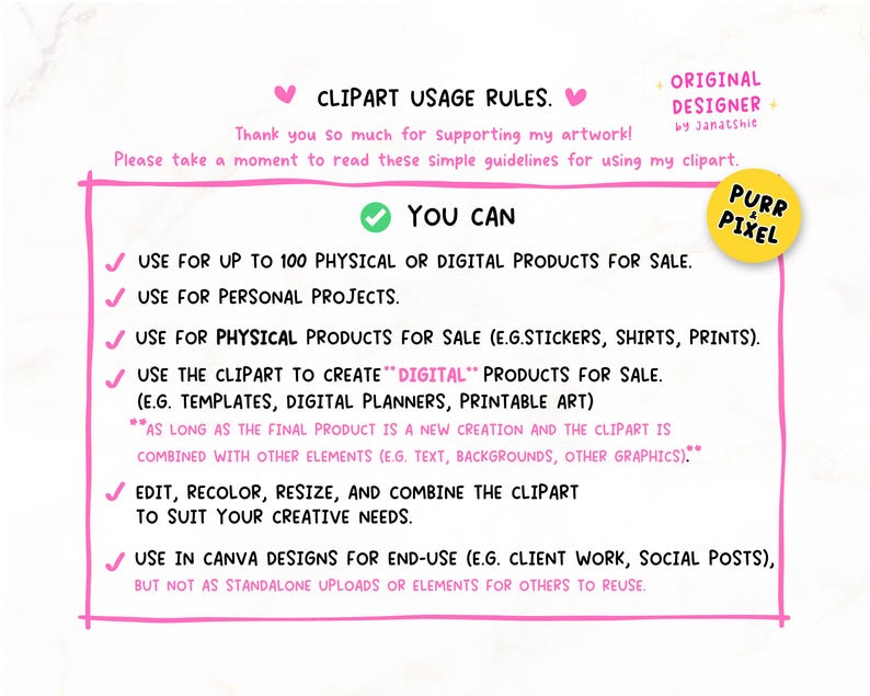 Op de afbeelding: Een roze omlijst document met de regels voor het gebruik van clipart. Het bevat richtlijnen voor gebruik, met de tekst "YOU CAN" en een Purr Pixel-logo. De originele ontwerper is Janatshie.