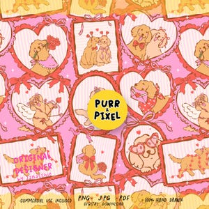 May include: A repeating pattern featuring cartoon golden retrievers in heart-shaped frames with bows. The dogs are depicted with hearts, flowers, and cupid imagery on a pink background. Text includes "Purr & Pixel", "Original Designer by Janatshie", and file type information.