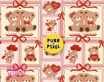 Seamless Pattern PNG Retro Teddy Bear: Valentine Coquette Sublimation Digital Paper UV DTF Printable