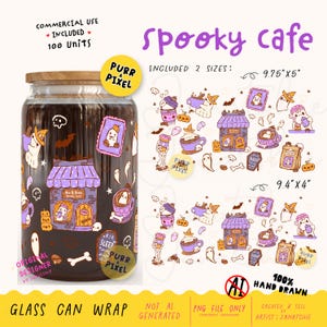 Peut inclure: Un habillage pour canette en verre sur le thème Spooky Cafe avec des fantômes, citrouilles, chauves-souris et tasses à café violettes et orange. Le texte Spooky Cafe et Boo & Brew est présent. Deux tailles : 24,77 cm par 12,7 cm et 23,88 cm par 10,16 cm.