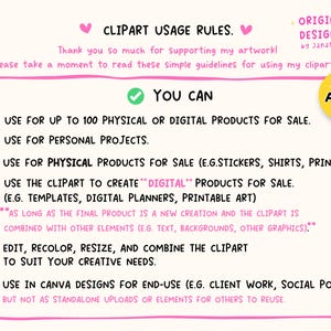 Pu&ograve; includere: Grafica rosa e bianca con testo che illustra le regole di utilizzo delle clipart. Il testo include linee guida per l'utilizzo delle clipart per prodotti fisici e digitali, progetti personali e design Canva. Un cerchio giallo con la scritta "Purr Pixel".