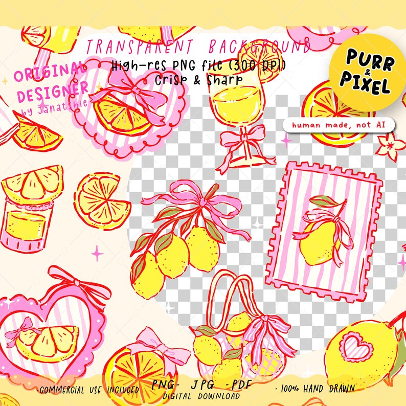 Preppy Pink Bow Yellow Lemon Frame Seamless Pattern, Whimsical Summer Stripes PNG image 7