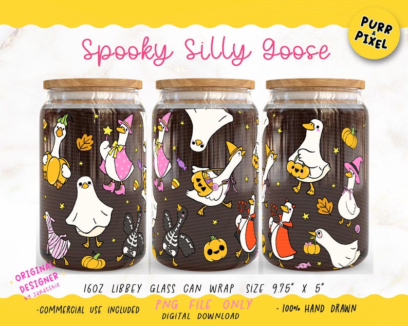 Spooky Silly Goose Glass Can Wrap PNG | UV DTF Printable Halloween Cup Wrap | Cute Goose Cartoon Sublimation for 16oz Libbey,

This Spooky Silly Goose glass can wrap is the chaotic Halloween energy your 16oz Libbey glass didn’t know it needed. Featuring a hand-drawn ghost-sheet goose with sassy attitude and spooky charm, this UV DTF printable wrap is perfect for trendy iced coffee cups and sublimation projects.

Designed for cute weirdos, bookish ghouls, and silly goose energy lovers everywhere.