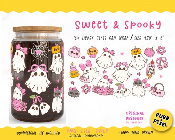 Pink Halloween Ghost Can Wrap PNG: Coquette Bow, 16oz Libbey UV DTF Printable Design