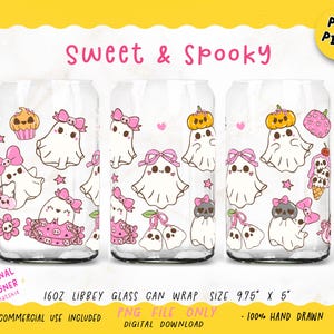 Sweet and Spooky Pink Halloween Ghost Girl Glass Can Wrap PNG, Cute Coquette Ghost Bow Cup Wrap, 16oz Libbey  UV DTF Tumbler Design.

 Bring cute and creepy together with this Sweet and Spooky Pink Halloween Ghost Wrap – the perfect mix of pastel vibes and Halloween charm! Featuring girly ghost sheets, bows, stars, and pumpkins in soft coquette tones, this design adds a flirty fright to your sips.