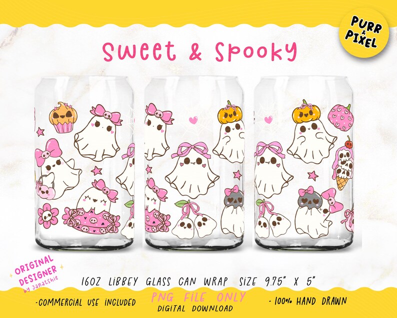 Sweet and Spooky Pink Halloween Ghost Girl Glass Can Wrap PNG, Cute Coquette Ghost Bow Cup Wrap, 16oz Libbey  UV DTF Tumbler Design.

 Bring cute and creepy together with this Sweet and Spooky Pink Halloween Ghost Wrap – the perfect mix of pastel vibes and Halloween charm! Featuring girly ghost sheets, bows, stars, and pumpkins in soft coquette tones, this design adds a flirty fright to your sips.