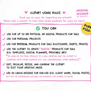 May include: A pink-framed document with the text "CLIPART USAGE RULES" and a list of guidelines for using the clipart. The document includes the text "YOU CAN" and a Purr Pixel logo.
