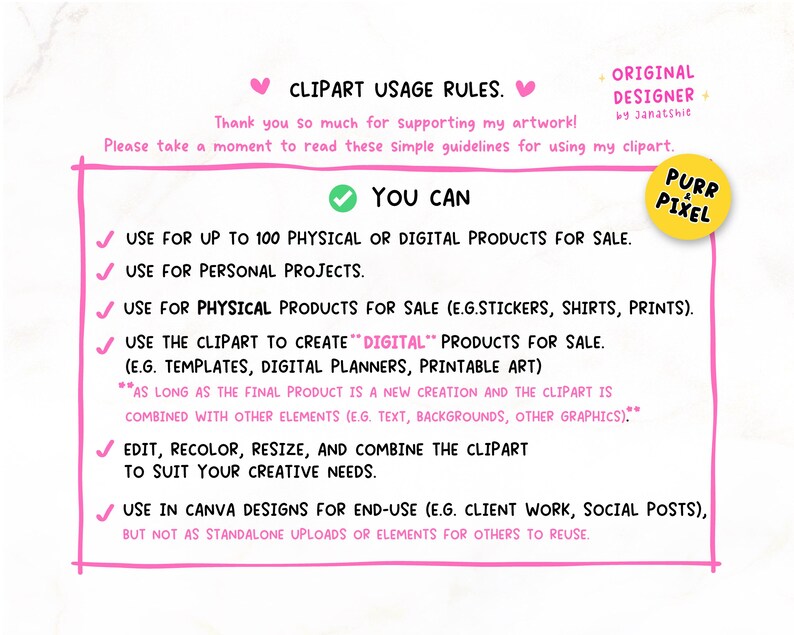 May include: A pink-framed document with the text "CLIPART USAGE RULES" and a list of guidelines for using the clipart. The document includes the text "YOU CAN" and a Purr Pixel logo.