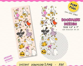 May include: A bookmark design featuring cartoon geese in Halloween costumes, including a witch, mummy, and skeleton. The design includes pumpkins and stars on a pink striped background. The bookmark is 2.5 inches by 7 inches.