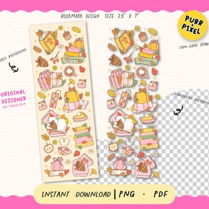 Cute Fall Bookish Bookmark PNG | Autumn Reading Bookmark UV DTF | Cozy Book Lover Digital Bookmark Sublimation Printable Design.

Snuggle up with a good book and this Cute Fall Bookish Bookmark PNG — the perfect digital design for cozy autumn readers! This charming hand-drawn bookmark design features warm fall elements like books, pumpkins, hot drinks, falling leaves, and comfy vibes, all wrapped into a whimsical, bookish aesthetic.